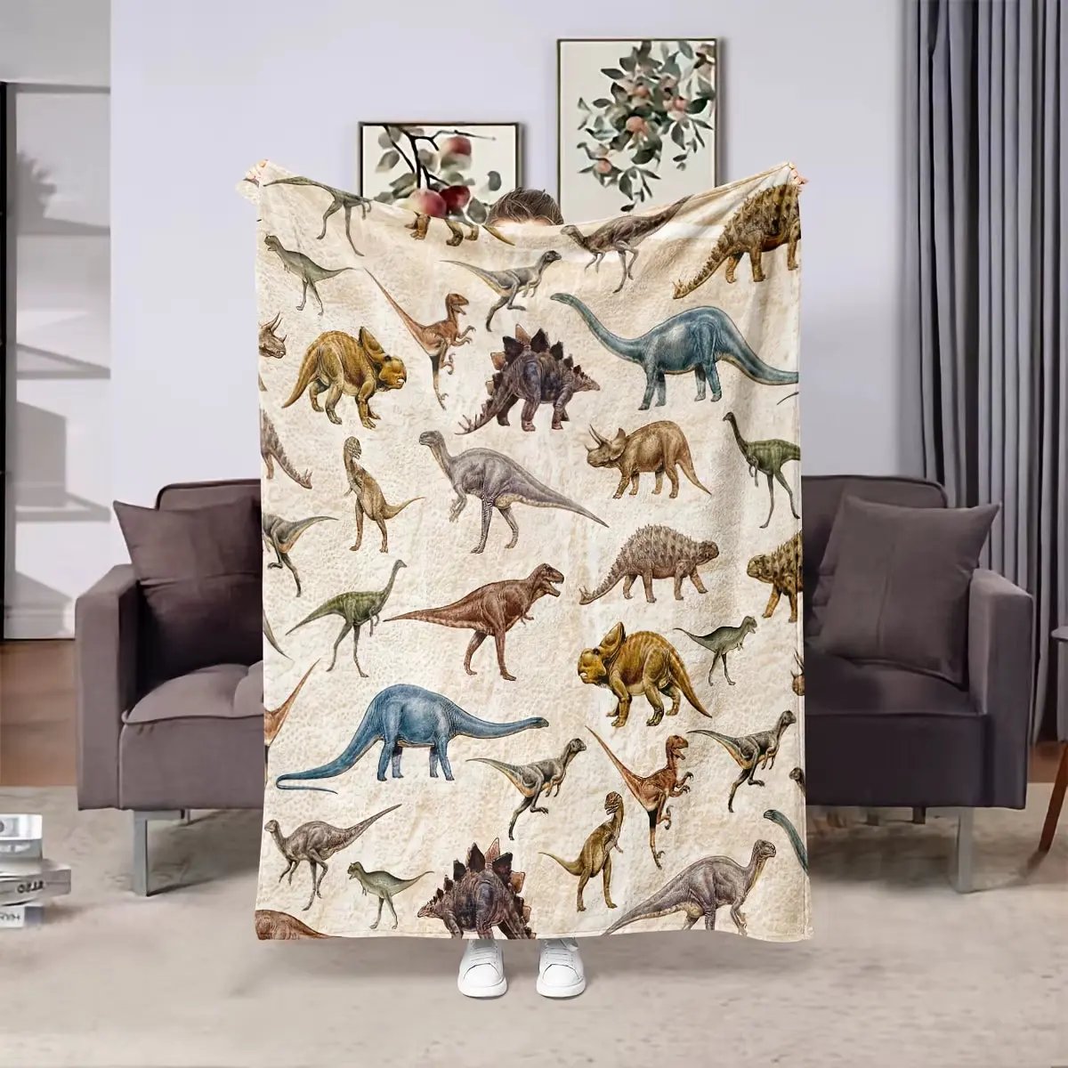 1Pc Soft and Warm Dinosaur Print Flannel Blanket for Sofa, Bed, and Office - Perfect Christmas, Halloween, and Birthday Gift