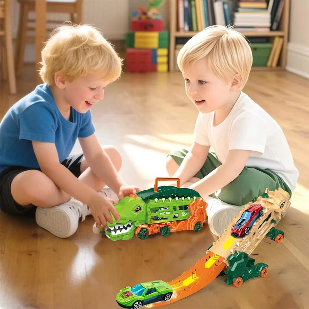 Transport Dinosaur Truck with Foldable Sliding Race Track, Transforms into Standing T-Rex & Trike, Best Birthday Gift for Kids
