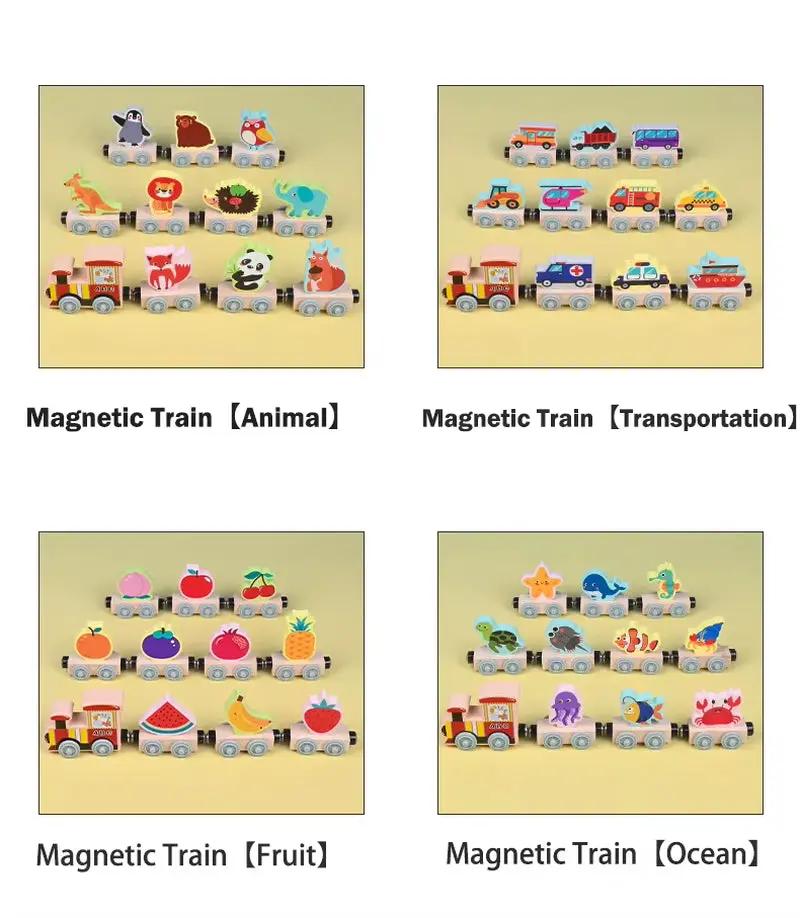 Montessori Magnetic Wooden Train Toys Early Educational Cognition Color Toy Learning Cars Animal Fruits Puzzle Train Set for Kid