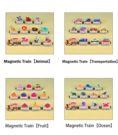 Montessori Magnetic Wooden Train Toys Early Educational Cognition Color Toy Learning Cars Animal Fruits Puzzle Train Set for Kid