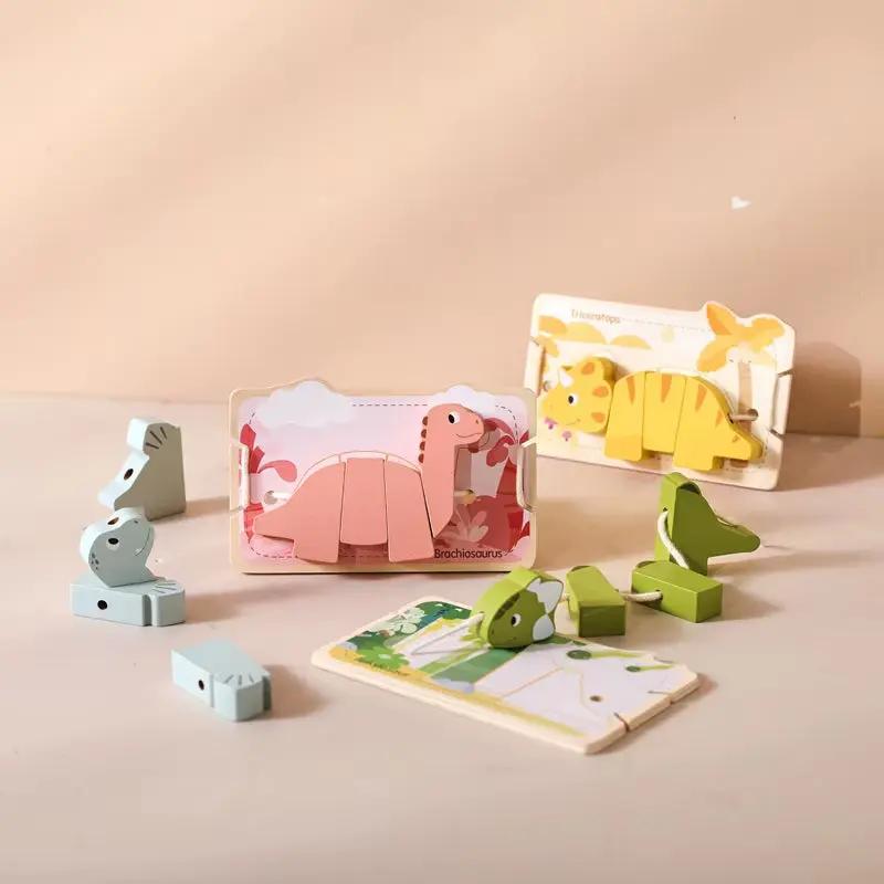 Wooden Animal Threading Toy Cartoon Dinosaur Puzzle Kid Montessori Educational Toy Baby Finger Fine Sports Toy Gift for Children