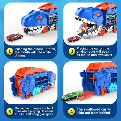 City Dinosaur Devouring Car Ultimate Hauler Track Toy Ultimate Transporter Hauler with 4 Alloy Car Toddler Truck Toys Boy Gifts