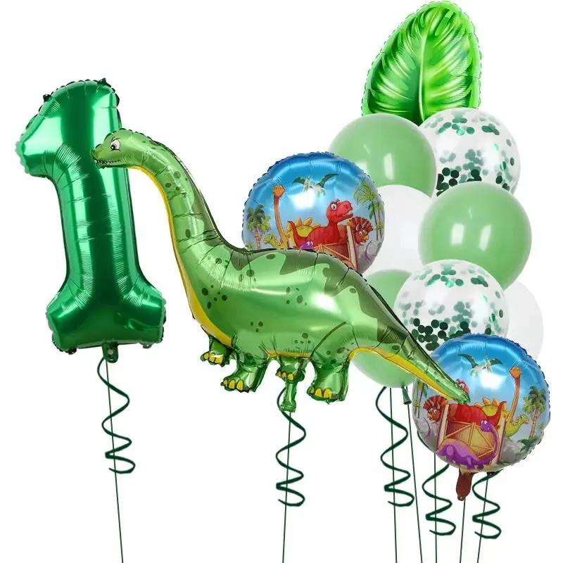 1Set Dinosaur 32Inch Number Leaf Aluminum Film Balloon Set Jurassic Dinosaur Theme Green Balloon Kids Birthday Party Supplies