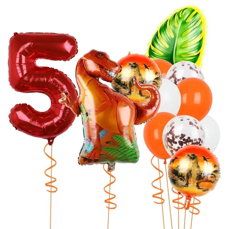 1Set Dinosaur 32Inch Number Leaf Aluminum Film Balloon Set Jurassic Dinosaur Theme Green Balloon Kids Birthday Party Supplies