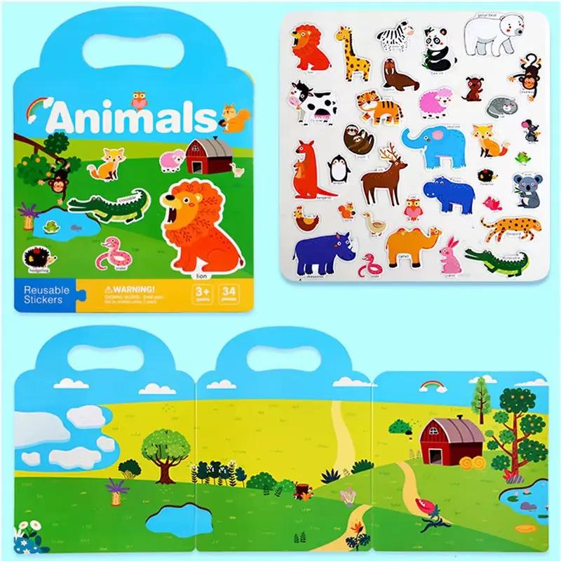 Portable Handheld Scene Sticker Books Cognitive Game Toys Animal Dinosaur Quiet Book Children Montessori Early Education Gifts