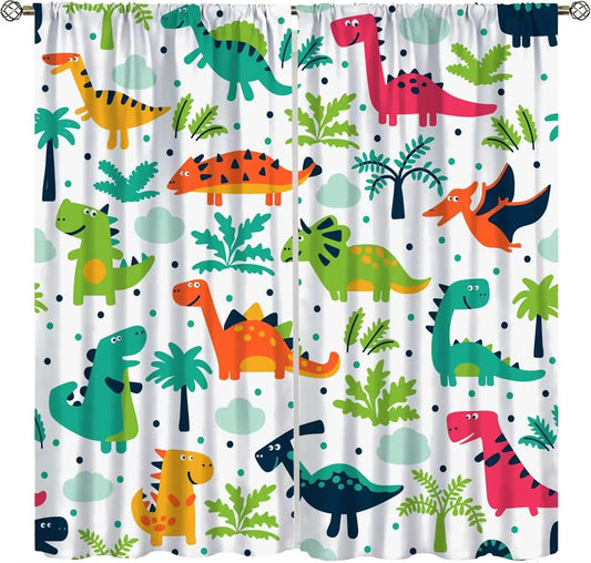 Toddler Dinosaur Curtains, Blue Cartoon Forest Plant Jurassic Cute Dinosaur Animal Windows Treatments Drapes for Boys Kids