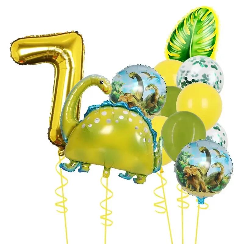 1Set Dinosaur 32Inch Number Leaf Aluminum Film Balloon Set Jurassic Dinosaur Theme Green Balloon Kids Birthday Party Supplies