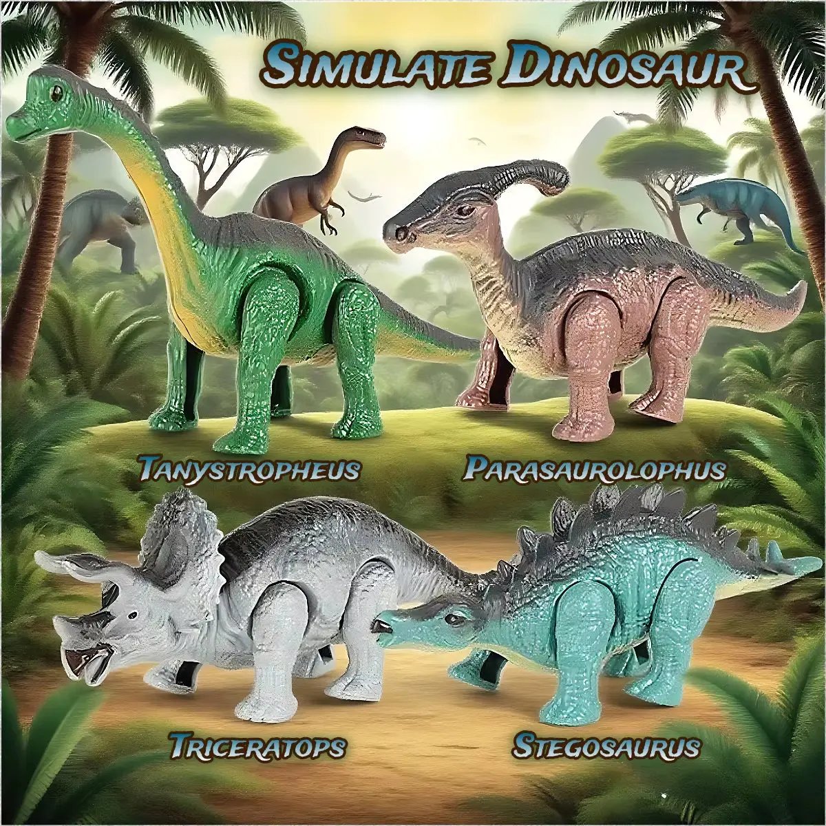 A Gift Set of Dinosaur Toys, Running Mechanical Animal Toy That Walks Automatically When Wound Up. Birthday Gift for Children.