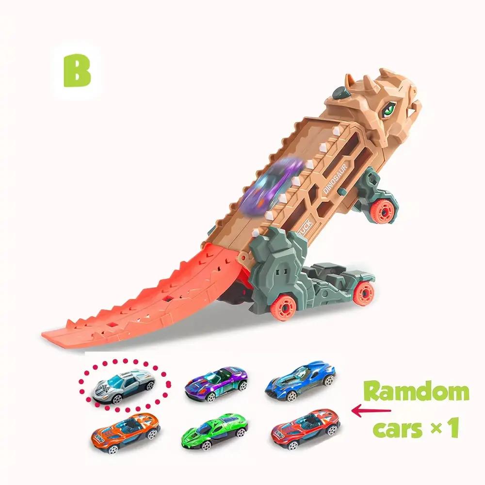 Transport Dinosaur Truck with Foldable Sliding Race Track, Transforms into Standing T-Rex & Trike, Best Birthday Gift for Kids
