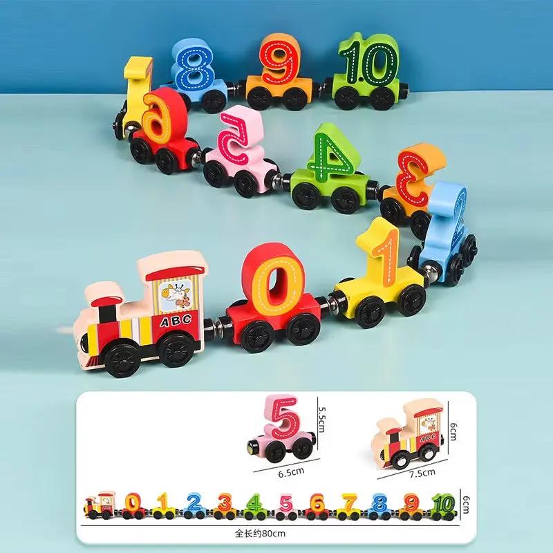 Montessori Magnetic Wooden Train Toys Early Educational Cognition Color Toy Learning Cars Animal Fruits Puzzle Train Set for Kid