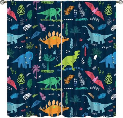 Toddler Dinosaur Curtains, Blue Cartoon Forest Plant Jurassic Cute Dinosaur Animal Windows Treatments Drapes for Boys Kids