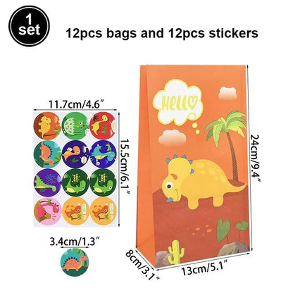 12Pcs Cartoon Dinosaur Birthday Party Paper Bags with Stickers for Kids Dino Jungle Safari Party Gift Goodies Candy Bag Supplies