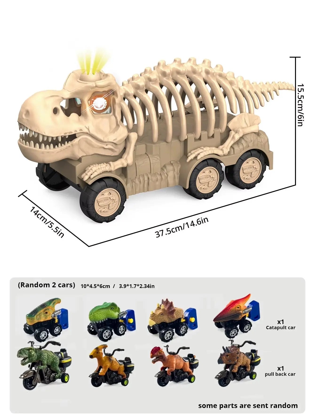 Dinosaur Skeleton Car Model (1 Large Car with 2 Small Cars (Random Style and Color) with Ejection Function, Sound, Light