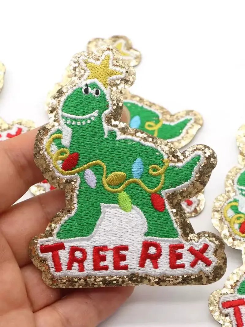 1PC Dinosaur Golden Edges Embroidery Patches Iron on Patch Christmas Paste for Bags Hat DIY Clothing Decor Repair Badeges