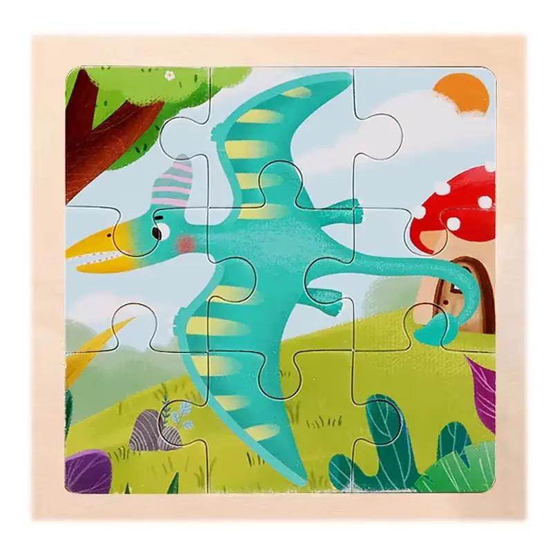 9 Pieces Wooden Puzzle Cartoon Dinosaur Transportation Montessori 3D Puzzle Game Early Learning Educational Toys for Children