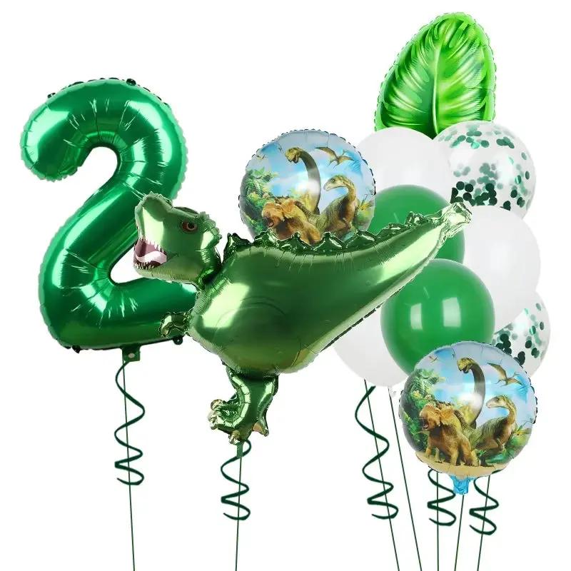 1Set Dinosaur 32Inch Number Leaf Aluminum Film Balloon Set Jurassic Dinosaur Theme Green Balloon Kids Birthday Party Supplies