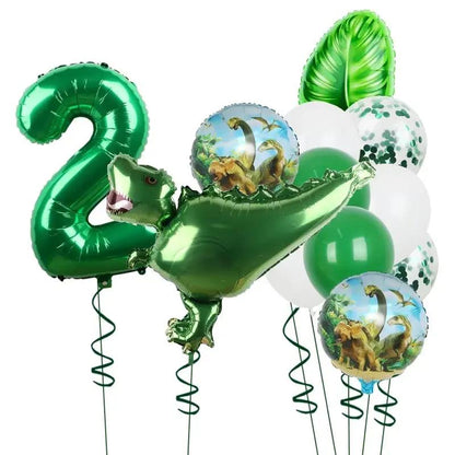 1Set Dinosaur 32Inch Number Leaf Aluminum Film Balloon Set Jurassic Dinosaur Theme Green Balloon Kids Birthday Party Supplies
