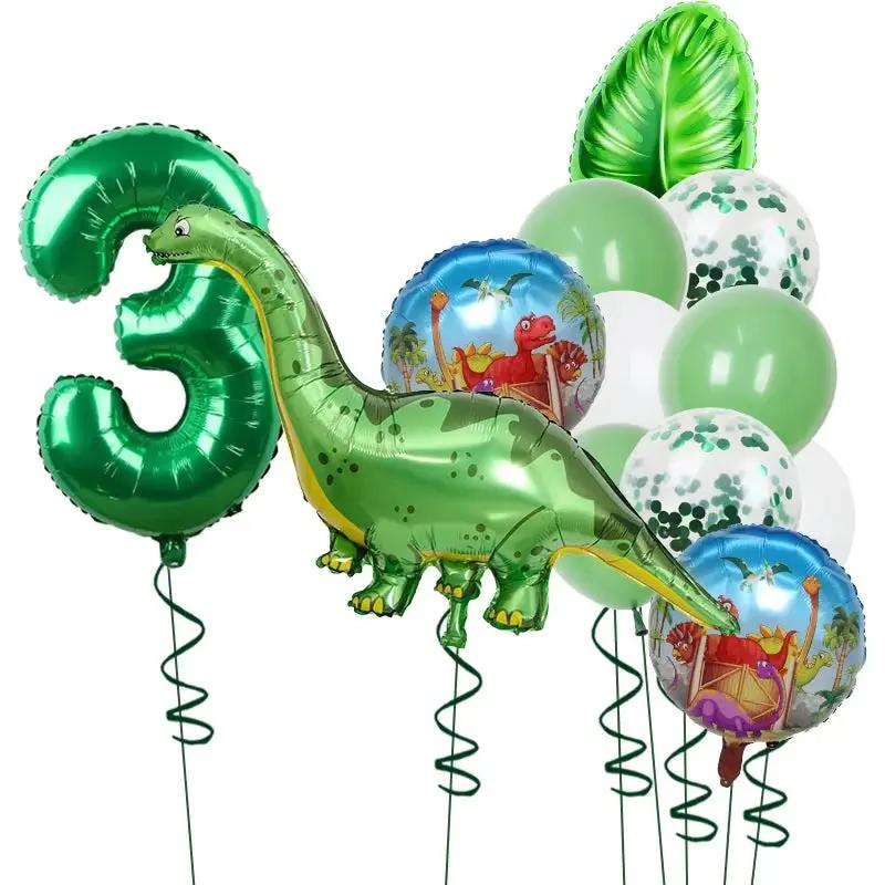 1Set Dinosaur 32Inch Number Leaf Aluminum Film Balloon Set Jurassic Dinosaur Theme Green Balloon Kids Birthday Party Supplies