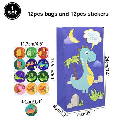 12Pcs Cartoon Dinosaur Birthday Party Paper Bags with Stickers for Kids Dino Jungle Safari Party Gift Goodies Candy Bag Supplies