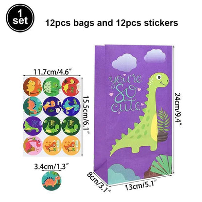 12Pcs Cartoon Dinosaur Birthday Party Paper Bags with Stickers for Kids Dino Jungle Safari Party Gift Goodies Candy Bag Supplies