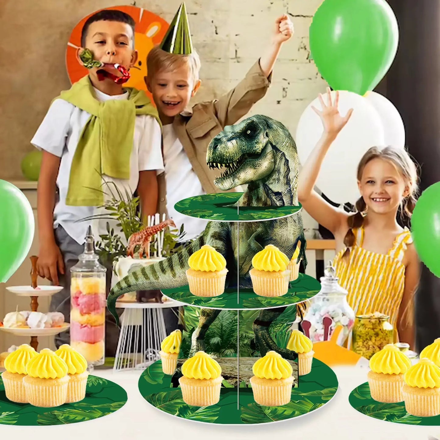 3 Tier Dinosaur Cupcake Stand Party Decor Cupcake Toppers Dino Dessert Tower Jungle Dino Theme Kid Boy Birthday Party Supplies