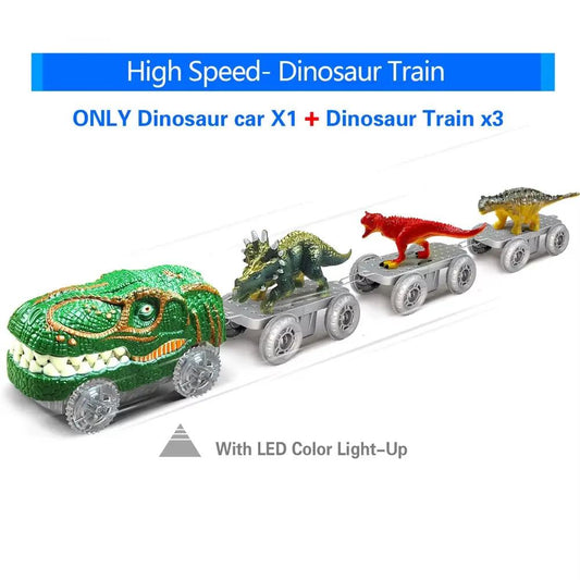Dinosaur Toys-Magical Train Track Racing Toy Bend Flexible Race Track Flash Light Car Educational Toys for Kids Gift