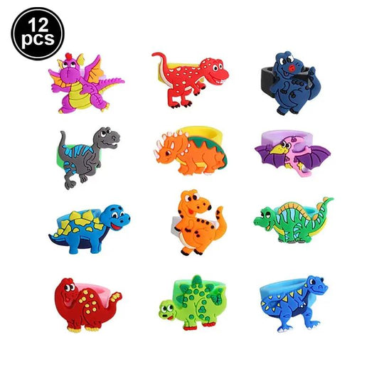 12Pcs Cartoon Dinosaur Rubber Rings Soft Dino Ring Kids Birthday Dinosaur Party Pinata Fillers Boys Girls Favors Suppies Toys