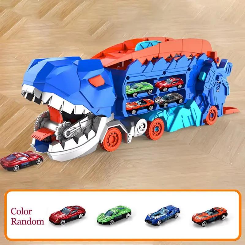 Transport Dinosaur Truck with Foldable Sliding Race Track Car Model Transforms into Standing T-Rex Gift Puzzle Toy Boy Girl