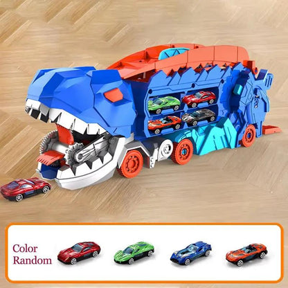Transport Dinosaur Truck with Foldable Sliding Race Track Car Model Transforms into Standing T-Rex Gift Puzzle Toy Boy Girl