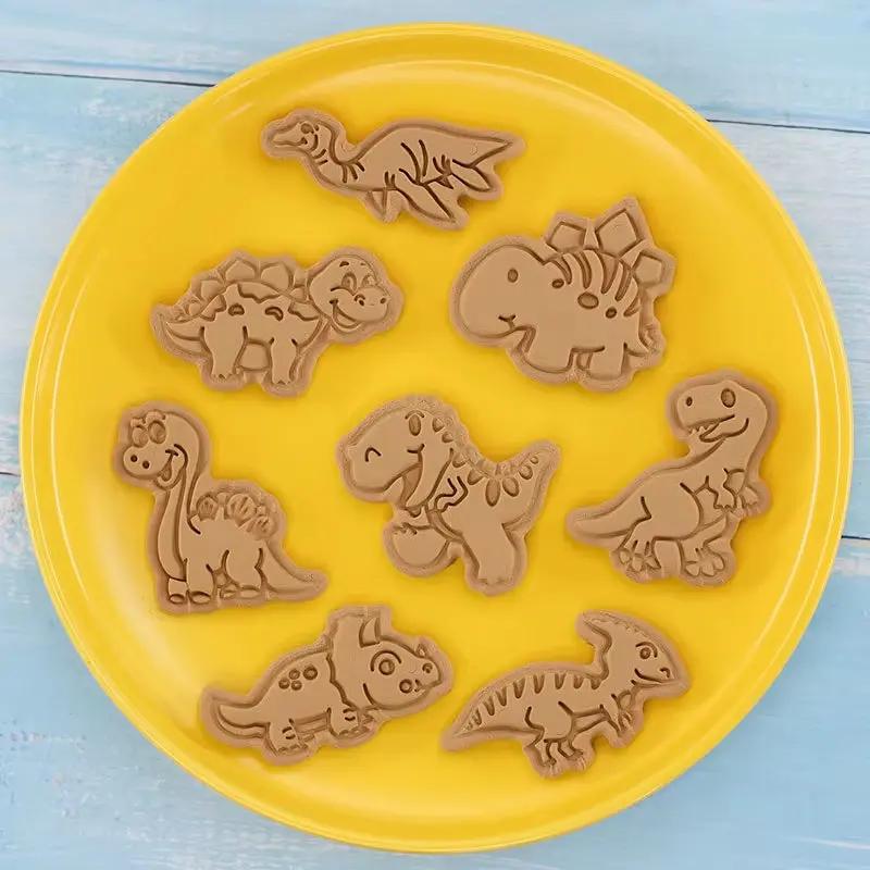 8 Pcs/Set Cookie Cutters Plastic 3D Dinosaur Shape Cartoon Pressable Biscuit Mold Cookie Stamp Kitchen Baking Pastry Bakeware