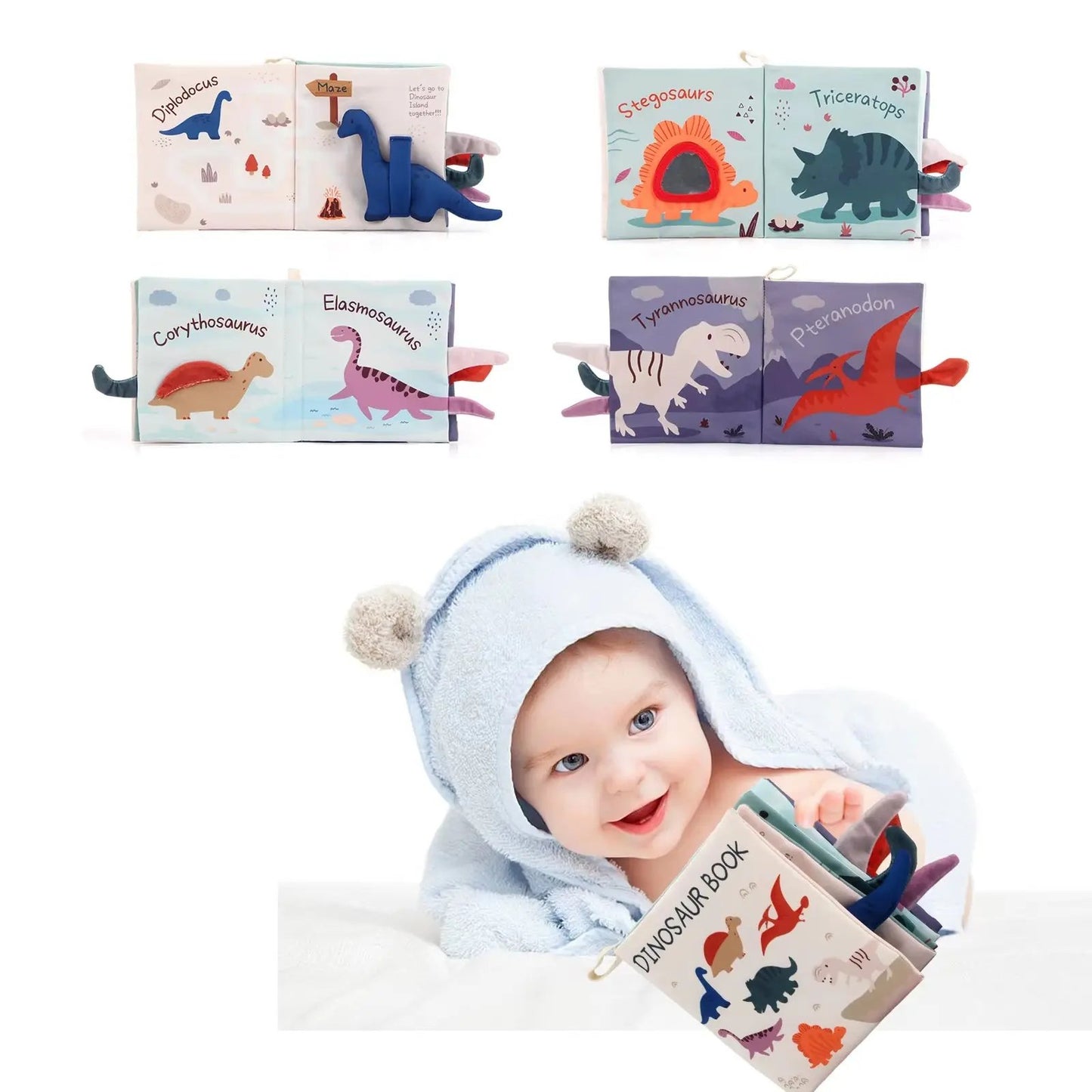 17X16Cm Tail Cloth Book Baby Soft Cloth Book Parent-Child Interactive 0-36 Months Sensory Dinosaur Book Newborn Montessori Toy