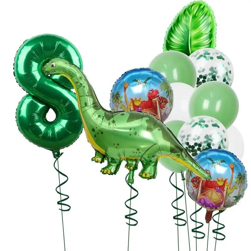 1Set Dinosaur 32Inch Number Leaf Aluminum Film Balloon Set Jurassic Dinosaur Theme Green Balloon Kids Birthday Party Supplies