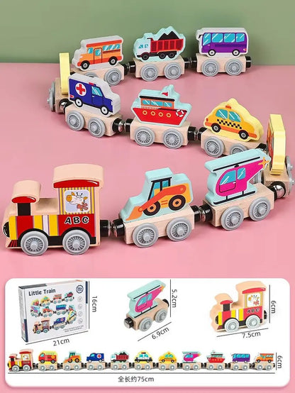 Montessori Magnetic Wooden Train Toys Early Educational Cognition Color Toy Learning Cars Animal Fruits Puzzle Train Set for Kid