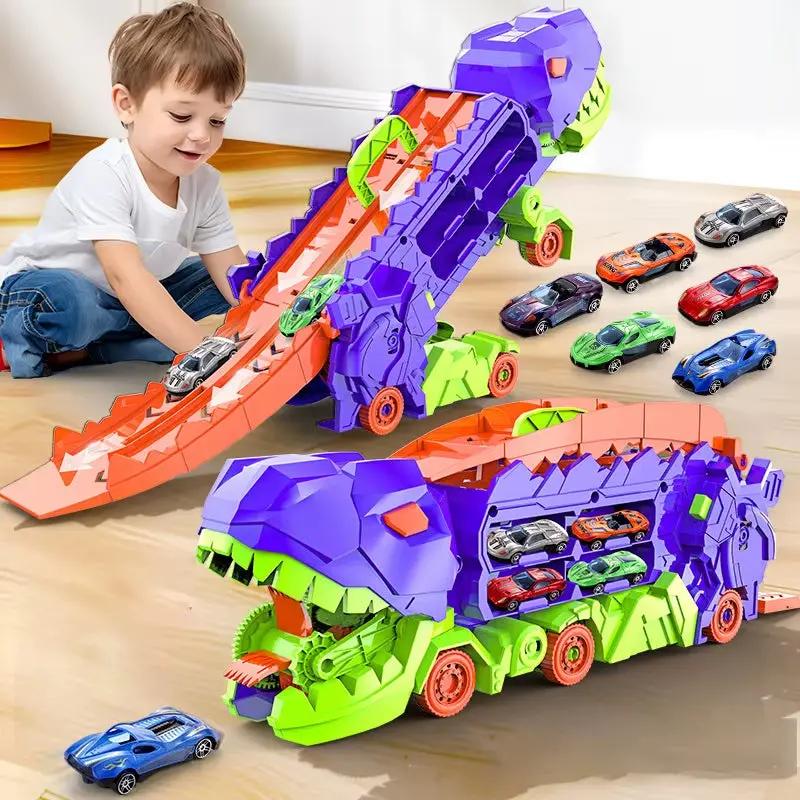 Transport Dinosaur Truck with Foldable Sliding Race Track Car Model Transforms into Standing T-Rex Gift Puzzle Toy Boy Girl