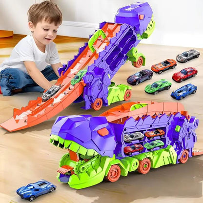 Transport Dinosaur Truck with Foldable Sliding Race Track Car Model Transforms into Standing T-Rex Gift Puzzle Toy Boy Girl