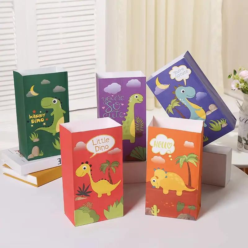 12Pcs Cartoon Dinosaur Birthday Party Paper Bags with Stickers for Kids Dino Jungle Safari Party Gift Goodies Candy Bag Supplies