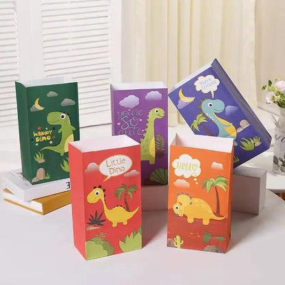 12Pcs Cartoon Dinosaur Birthday Party Paper Bags with Stickers for Kids Dino Jungle Safari Party Gift Goodies Candy Bag Supplies