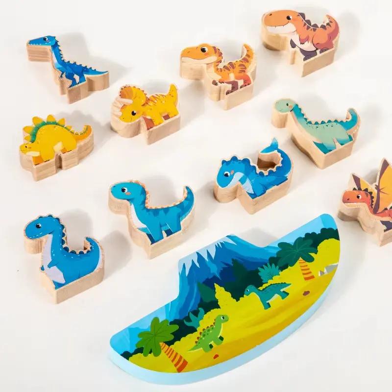 Wooden Animal Dinosaur Building Stacking High Balance Blocks Montessori Toy for Kids Cartoon Jigsaw Puzzle Educational Gifts