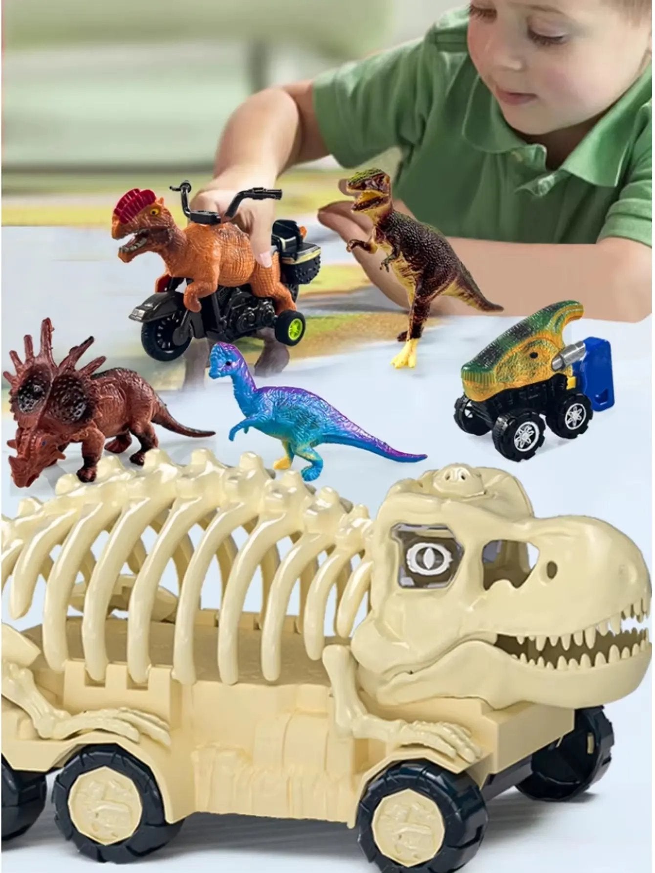 Dinosaur Skeleton Car Model (1 Large Car with 2 Small Cars (Random Style and Color) with Ejection Function, Sound, Light