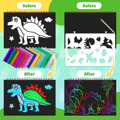 Dinosaur Scratch Art Book for Kids Foil and Scratch Art Paper No Mess Art Crafts DIY Creative Activity Kit for Birthdy Gifts