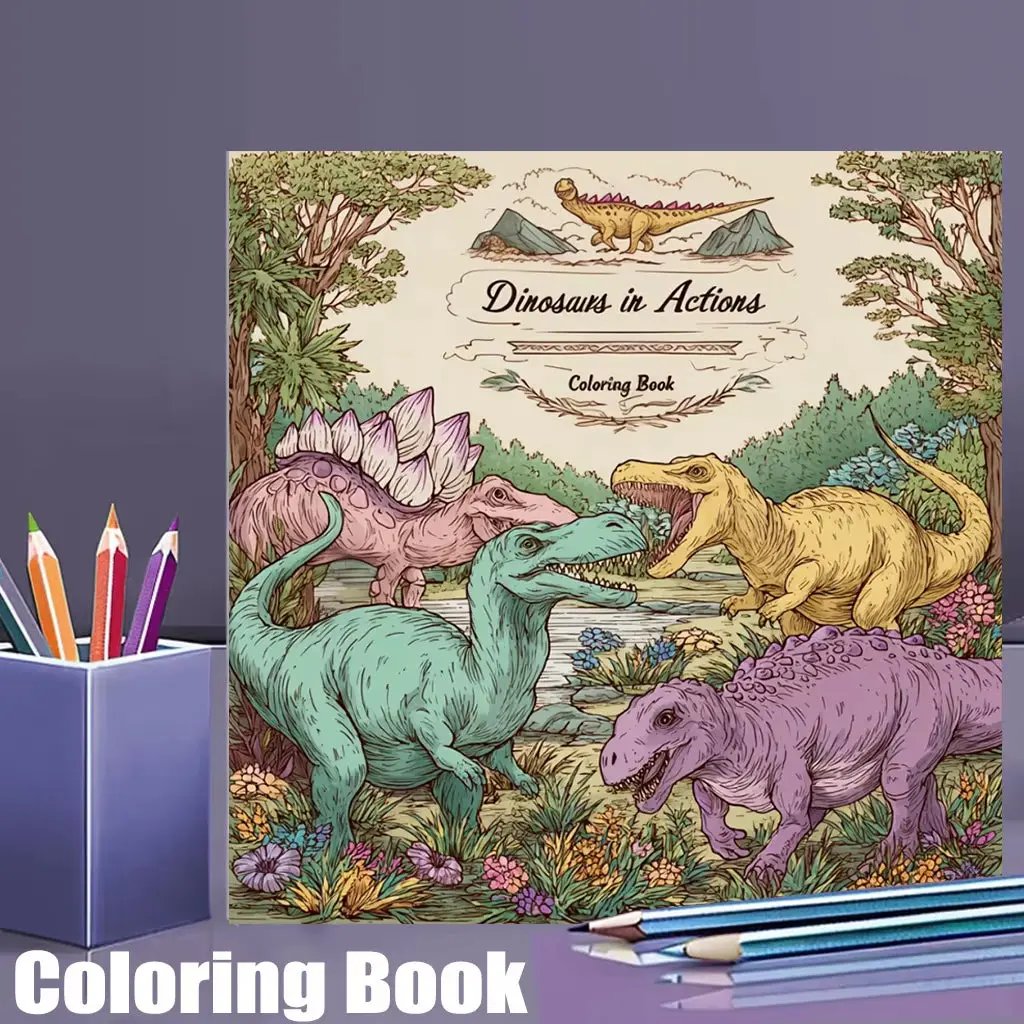 28 Pages Original Dinosaurs in Action Coloring Book for Adult | Colouring Book, Drawing Supplies for Christmas, Thanksgiving
