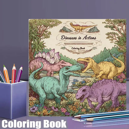 28 Pages Original Dinosaurs in Action Coloring Book for Adult | Colouring Book, Drawing Supplies for Christmas, Thanksgiving