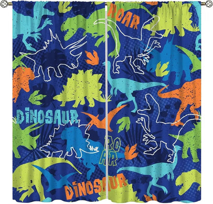 Toddler Dinosaur Curtains, Blue Cartoon Forest Plant Jurassic Cute Dinosaur Animal Windows Treatments Drapes for Boys Kids
