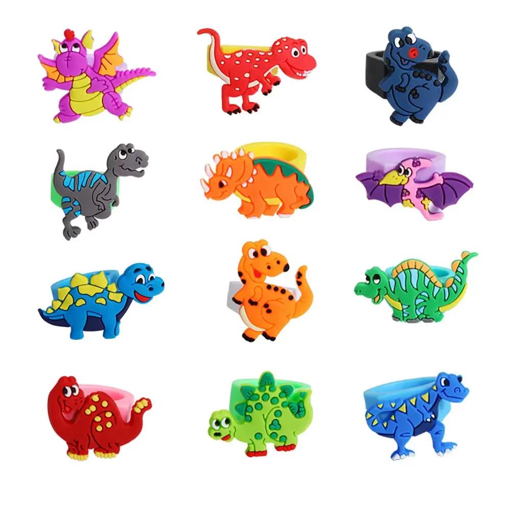12Pcs Cartoon Dinosaur Rubber Rings Soft Dino Ring Kids Birthday Dinosaur Party Pinata Fillers Boys Girls Favors Suppies Toys