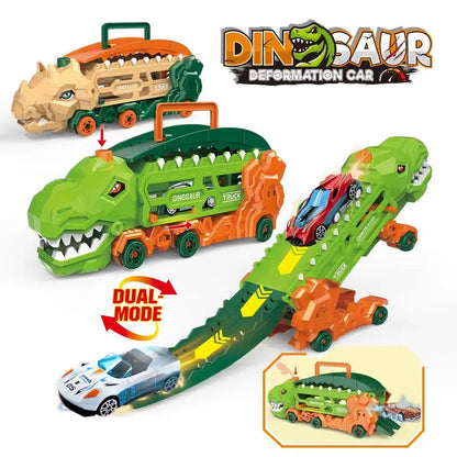 Transport Dinosaur Truck with Foldable Sliding Race Track, Transforms into Standing T-Rex & Trike, Best Birthday Gift for Kids