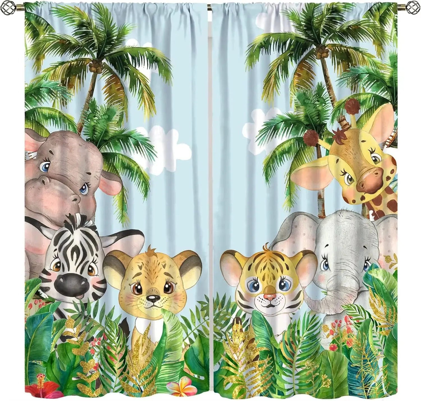 Toddler Dinosaur Curtains, Blue Cartoon Forest Plant Jurassic Cute Dinosaur Animal Windows Treatments Drapes for Boys Kids