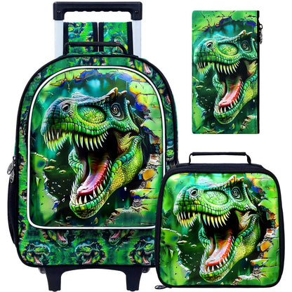 3PCS Rolling Backpack for Girls Boys, Kids Roller Wheels Bookbag, Wheeled School Bag with Lunch Bag