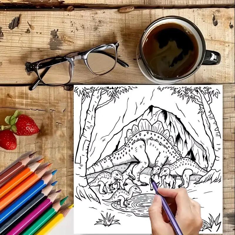 28 Pages Original Dinosaurs in Action Coloring Book for Adult | Colouring Book, Drawing Supplies for Christmas, Thanksgiving