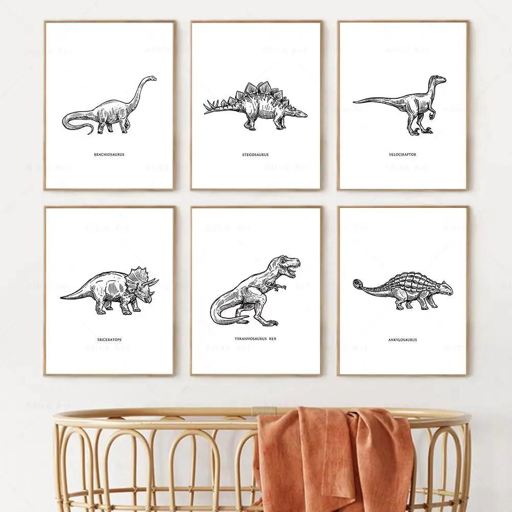 Dinosaur Sketch Paleontology Wall Art Canvas Painting Dinosaur Nordic Poster Print Wall Picture for Boy Kids Room Playroom Decor