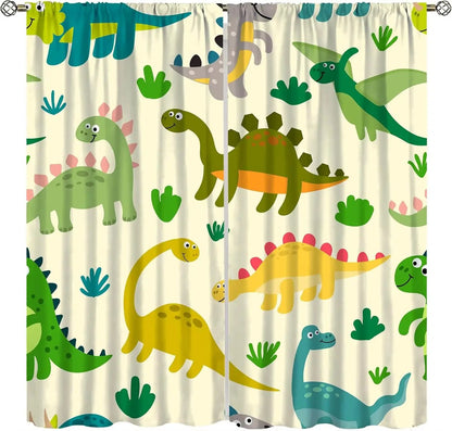 Toddler Dinosaur Curtains, Blue Cartoon Forest Plant Jurassic Cute Dinosaur Animal Windows Treatments Drapes for Boys Kids